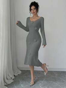 Calvaya Vestido suéter de manga larga con escote en V de unicolor, ajustado, hecho a mano a crochet