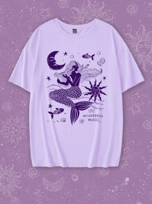 Tseoso Áo thun cổ tròn tay ngắn in hình nàng tiên cá và đại dương cỡ lớn giản dị, áo thun cotton dáng rộng cho nữ, mùa hè - Màu tím hoa cà - Xem 3