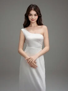 少女优雅派对长款不对称露肩修身连衣裙，适合圣诞节和派对穿着 - 白色 - 查看 6