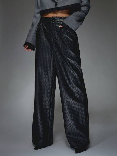 MISSGUIDED 仿皮阔腿裤，编织图案，高腰晚装，秋冬时尚下装，奢华纹理裤，现代时尚前卫设计