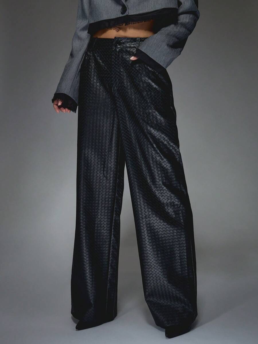 MISSGUIDED Pantalones palazzo de pierna ancha de piel sintética con estampado tejido, cintura alta para uso formal en otoño e invierno, pantalones con textura de lujo y diseño de moda moderno y vanguardista - Negro - Ver 1