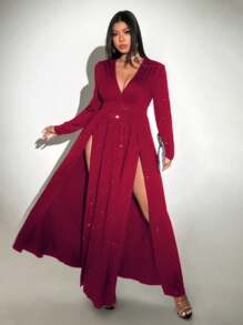 Viva Relle Vestido largo informal con escote en V, manga larga y abertura lateral para tallas grandes