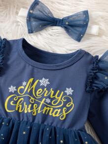 Glamorique Kids 2pcs/Set Baby Girl Christmas Letter, Snowflake, Star Print Long Sleeve Mesh Dress And Headband Set - Navy Blue - View 3