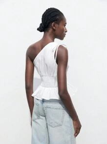 Maija Women's Summer One-Shoulder Sleeveless Top With Drawstring Shoulder And Ruffled Trim, Open Shoulder Blouse - White - View 5