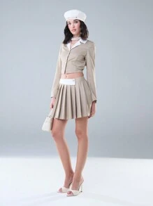 SHEIN Unity 冬季撞色翻领腰部细节褶皱迷你裙优雅 - 卡其色 - 查看 3
