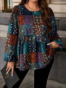 EMERY ROSE 加大码宽松全印花圆领长袖休闲时尚秋季衬衫 - 墨綠色 - 查看 6