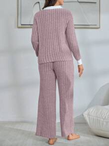 2 Stück Set Damen Lässig Kontrast Kragen Fleece Oberteil & Hose Pyjama Set, Herbst Winter Kleidung, gemütlicher Outfit