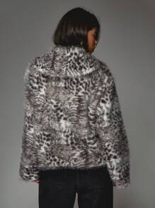 MISSGUIDED 奢华仿皮毛冬季毛绒夹克雪豹印花超大中长款个性外套派对晚装时尚秋季