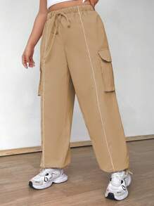 Flirla Plus Size Elastic Waist With Drawstring Utility Pocket Trim Drawstring Ankle Pants Fall Cloth For Women - Khaki - View 6