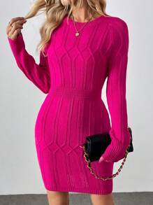 SHEIN Clasi Casual Waist Drawstring Round Neck Long Sleeve Warm Diamond Knitted Magenta Sweater Dress For Women, Autumn/Winter
