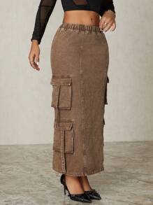 SHEIN SXY Casual Mid-Length Women Denim Skirt - Coffee Brown - View 4