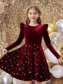 SHEIN Leap Crew Tween Girl Vintage & Cute & Fashion & Elegant Contrast Bling Bling Glitter Star Print Velvet Ruffle Hem Long Sleeve Dress,, Suitable For Christmas - Burgundy - View 8