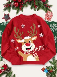 SHEIN EZwear Christmas Snowflake & Deer Pattern Loose Fit Crew Neck Knit Pullover Sweater, Suitable For Autumn/Winter - Red - View 1