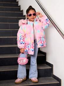 Young Girls' Cute Princess Style Cartoon Princess Print Icy Princess Pink Fluffy Collar Thickened Super Warm Padded Hooded Long Coat, Suitable For Outings And Skiing