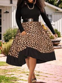 Slaydiva New Thanksgiving Outfit Women Clothes Winter Women Business Casual Asymmetrical Hem Black Leopard Print Long Sleeve Knit Midi Dress For Holiday, Christmas, New Year - Multicolor - View 5