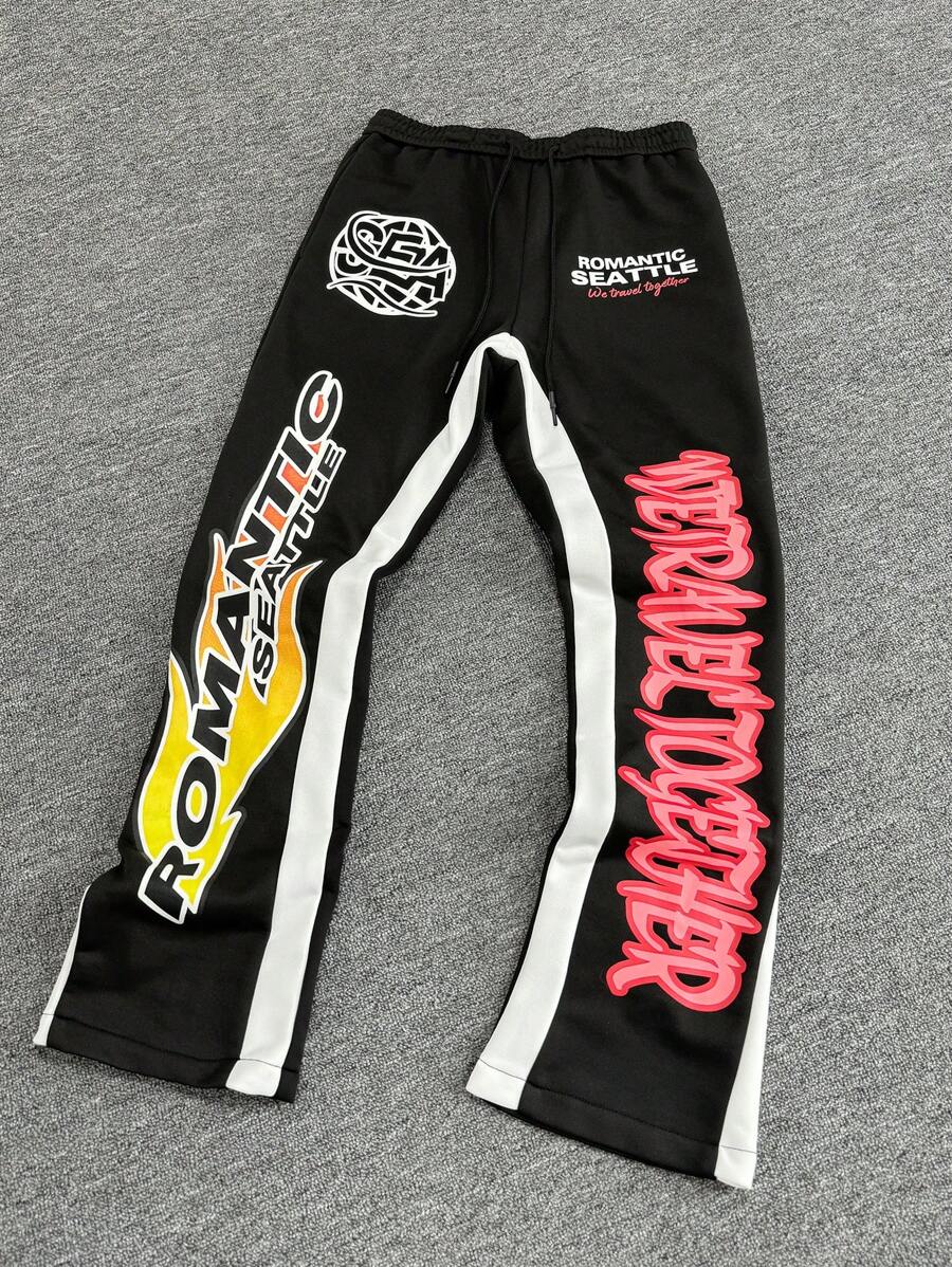 Manfinity Roghcode Manfinity Streetrush Men's Y2K Black Summer Streetwear City Break American Vintage Hip-Hop Graphic Print Drawstring Baggy Color Block Sweatpants - Black - View 1