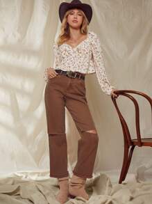 WESTFADE Pantalones vaqueros rectos de pierna de tobillo con cortes y dobladillo deshilachado de talle medio, atuendo estilo Nashville