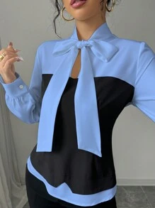 Elenzga 女士休闲修身长袖衬衫，简约时尚，适合日常穿着 - 藍色 - 查看 5