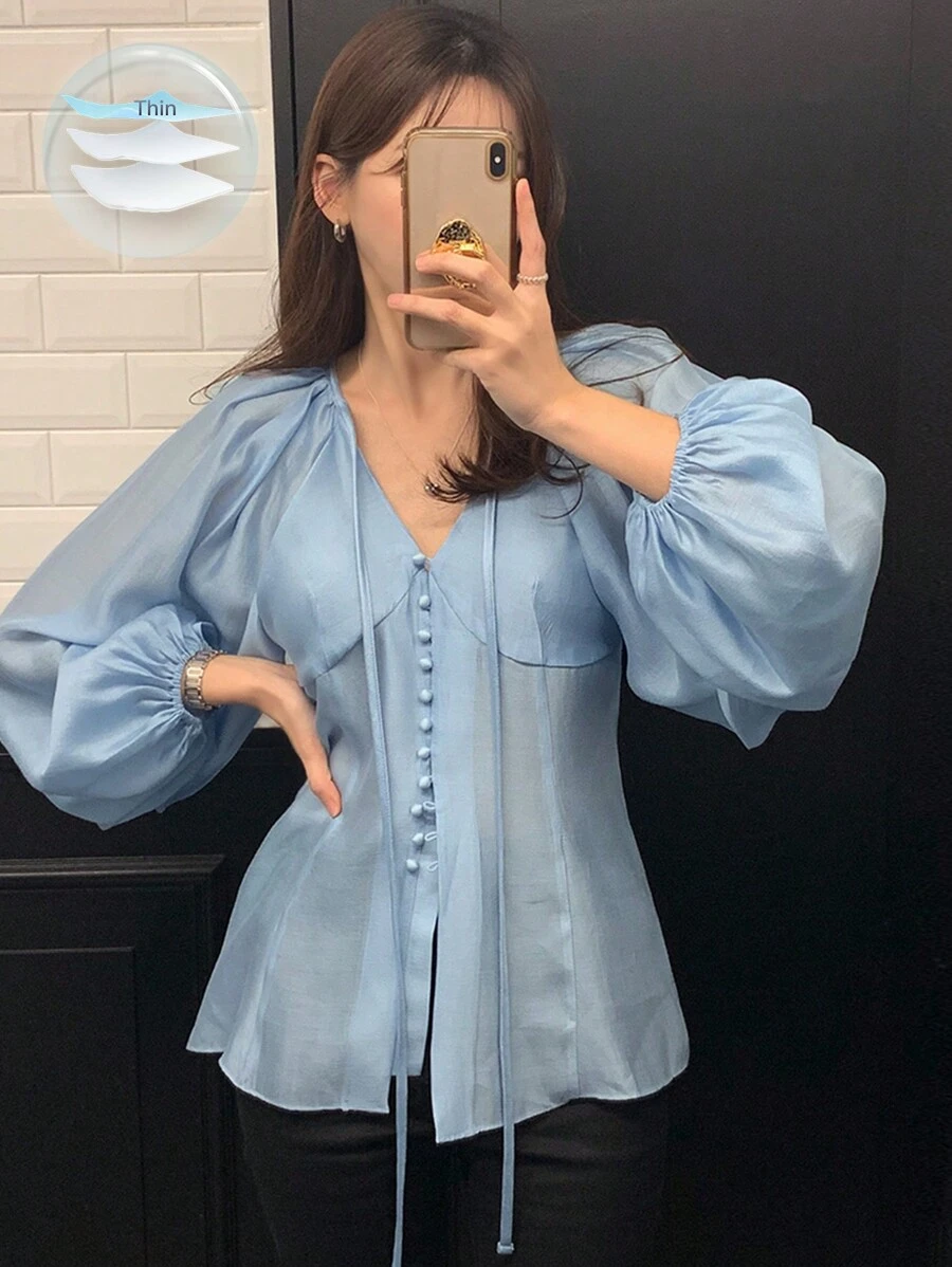 DAZY Women's Solid Color Tie Cuff Lantern Sleeve Elegant Blouse,Fall Women Clothes Long Sleeve Top - Blue - View 1