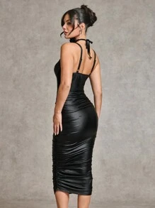 SHEIN BAE 优雅性感黑色 PU 皮革细肩带紧身胸衣网眼撞色乳沟支撑中长连衣裙，秋冬 - 黑色 - 查看 2