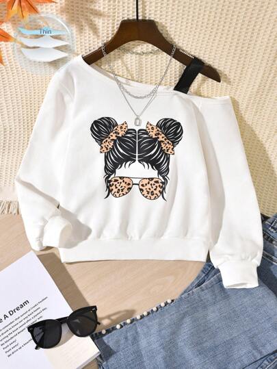 SHEIN Tween Girl Figure Graphic Asymmetrical Neck Sweatshirt