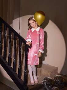 SHEIN Vestido casual de moda de manga larga con manga farol y mariposa rosa para niñas preadolescentes, conjunto a juego de hermanos/hermanas (se venden por separado 2 piezas)