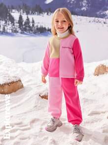 SHEIN 2pcs Young Girl Crew Neck Patchwork Contrast Color Sweatshirt And Pants Set - Hot Pink - View 1