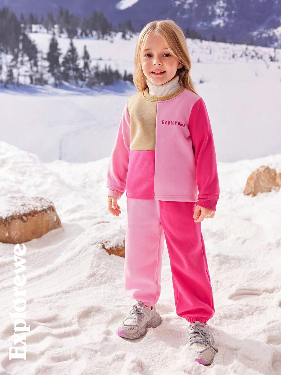 SHEIN 2pcs Young Girl Crew Neck Patchwork Contrast Color Sweatshirt And Pants Set - Hot Pink - View 1