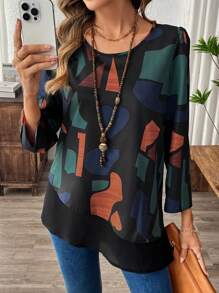 EMERY ROSE 女士几何图案印花拼布长袖衬衫 - 彩色 - 查看 1