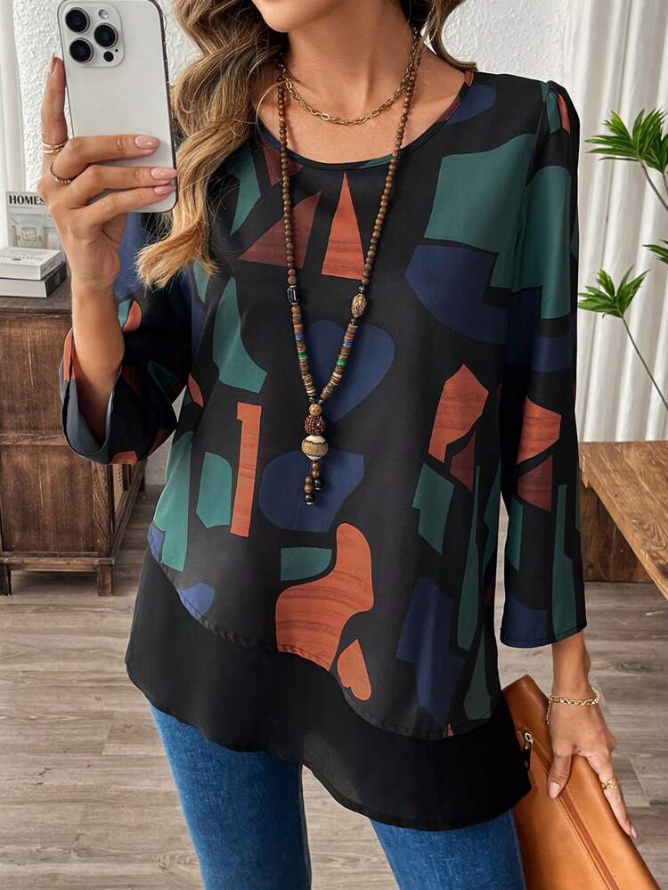 Women's Geometric Pattern Printed Patchwork Long Sleeve Shirt