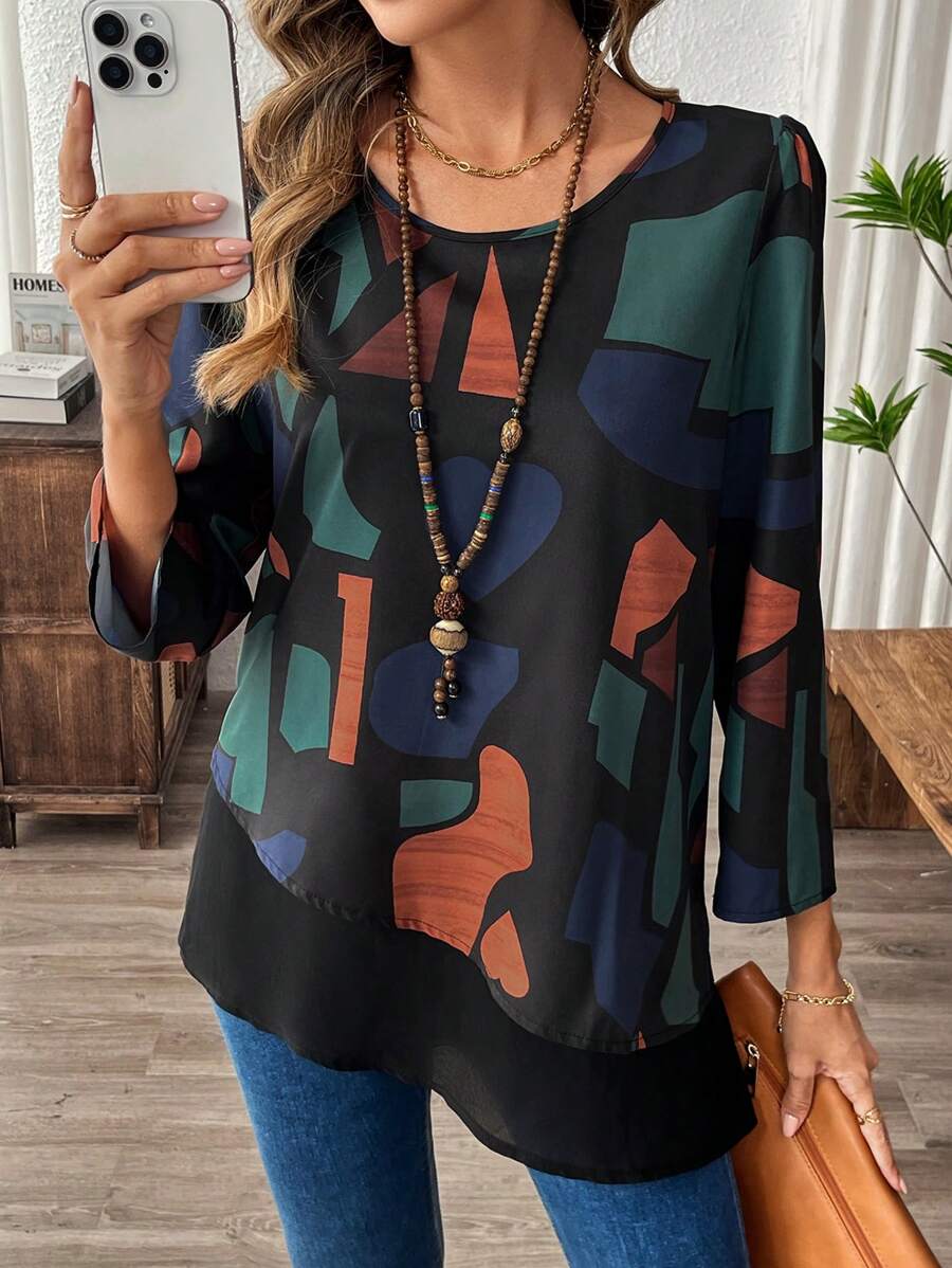 EMERY ROSE 女士几何图案印花拼布长袖衬衫 - 彩色 - 查看 1