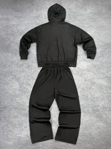 青少年男孩休闲格子舒适连帽运动衫和裤子套装 - 黑色 - 查看 2