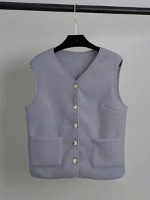 SHEIN Unity Women's Casual Solid Color Double Pocket Vest Jacket, Autumn/Winter - Light Grey - View 3