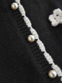 SHEIN Frenchy Casual 3D Floral Pattern Black & White Knitted Cardigan, Plus Size, Suitable For Autumn & Winter