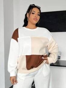 SHEIN EZwear Áo nỉ ghép khối màu cỡ lớn cho nữ - màu nâu - Xem 4