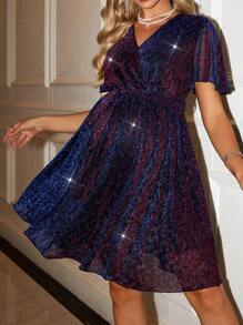SHEIN Surplice Neck Belted Glitter Cocktail Party Long Sleeve Dress, For Pregnant Women, For Maternity - Purple - View 1