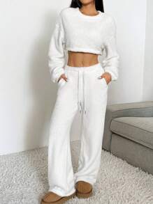 SHEIN EZwear 2pcs/Set Women Solid White Oversized Drop Shoulder Cropped Sweatshirt And Drawstring Waist Wide Leg Pants, Autumn/Winter
