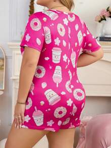 Plus Size Donut, Coffee, Strawberry Print Short Sleeve Romper Pajama Set - Hot Pink - View 2