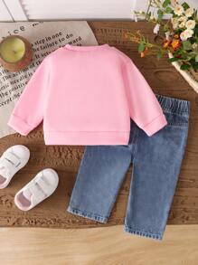 SHEIN Vintaside Kids Baby Girls' White Round Neck Sweatshirt With Pink Bow Print, And Pink Bow Embroidered Denim Pants, Sweet And Lovely Casual Outfit, Autumn/Winter