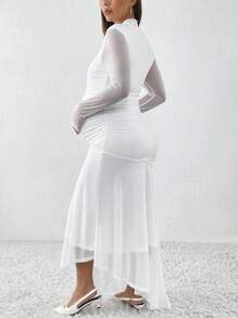 MaterniChic Maternity Solid Color Stand Collar Asymmetrical Hem Dress, Elegant Evening Party Dress For Spring/Summer - White - View 2