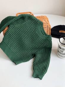 SHEIN 新生男婴和女婴百搭纯绿色柔软针织圆领长袖毛衣，秋冬季 - 墨綠色 - 查看 1