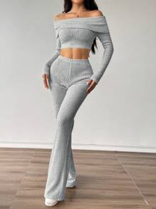 Flirla 2 stuks/set abrikooskleurige textuur ronde hals drop schouder fleece top en rechte pijp casual broek