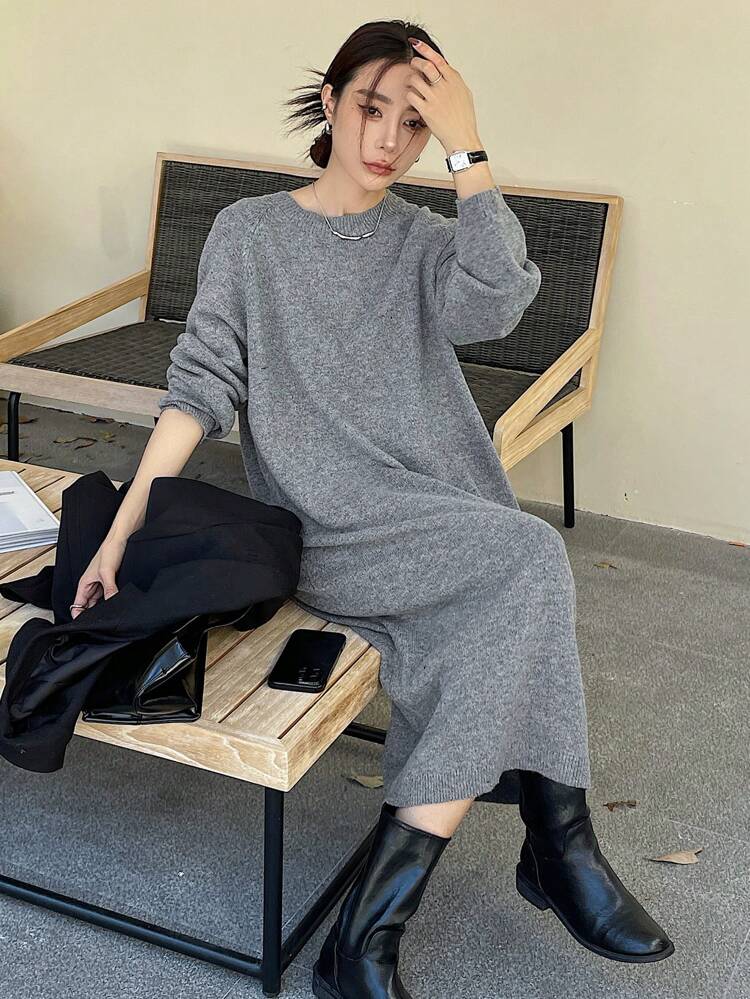 Plain Color Loose Women Casual Pullover Sweater Dress, Crew Neck Long Sleeve, Autumn/Winter,Fall Women Clothes