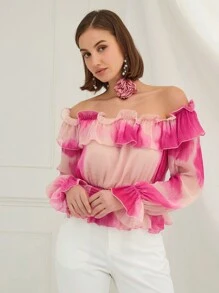 Enchnt Spring Romantic Women Off Shoulder Long Sleeve Gathered Printing Minimalist Casual Top,For Valentine's Day& Sweet Date&Daily Commuting,Vacation Top - Pink - View 5