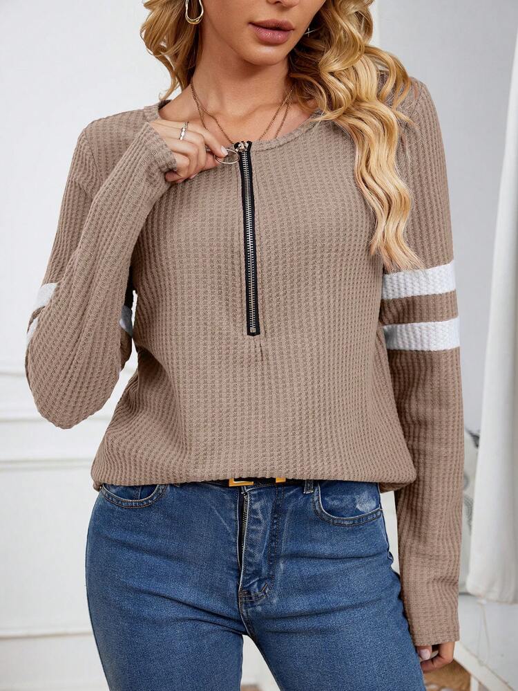 Women's Plus Size Striped Half Zipper T-Shirt Fall Cloth For Women