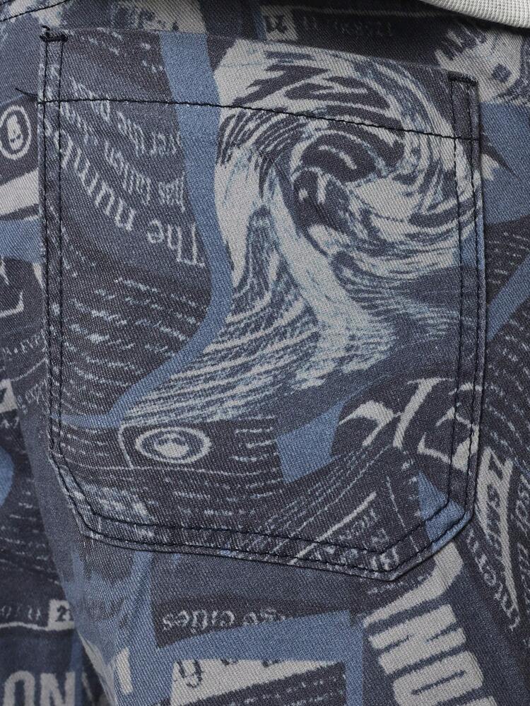 Newspaper Print Flared Jeans With Typography Design