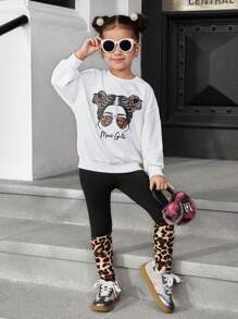 SHEIN Bộ 2 chiếc áo len cổ tròn in họa tiết da báo dễ thương cho bé gái và quần len chắp vá - trắng - Xem 1