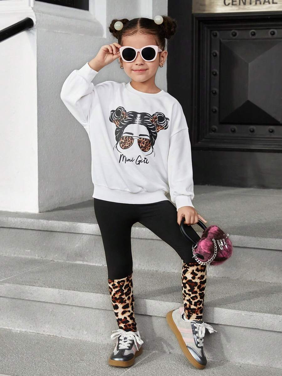 SHEIN Bộ 2 chiếc áo len cổ tròn in họa tiết da báo dễ thương cho bé gái và quần len chắp vá - trắng - Xem 1