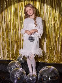SHEIN Tween Girls Christmas Elegant And Feather Sequin Long Sleeve Dress, Perfect For Parties And Suitable For Fall, Spring, And Winter,White Dress,Party Dress