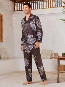 Manfinity ChillVibe Men's Retro Print Long Sleeve And Long Pants Pajama Set - Multicolor - View 4